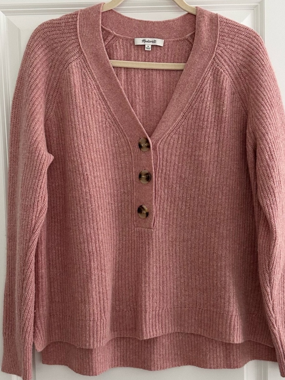 Madewell Fall Merino Wool V-Neck Button Front Lyle Rib Henley Pullover Sweater